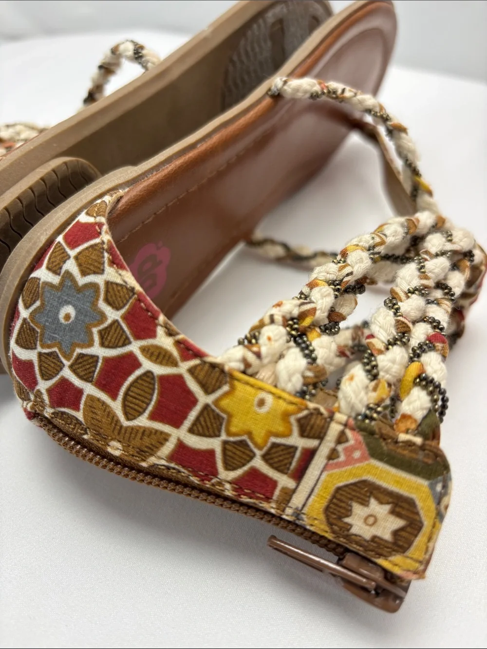 bp Womens 6 Multi Texture Brown and Beige Braided‎ T-Strap Sandals#475